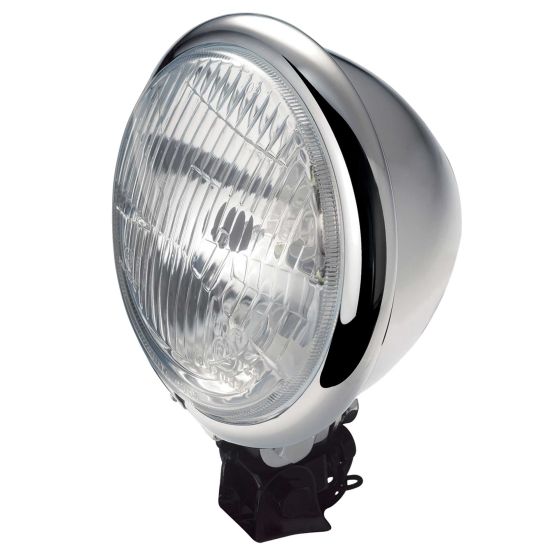 Chrome-plated, round headlight with a clear glass lens, featuring a bottom mount and E-mark certification, designed for motorcycles.