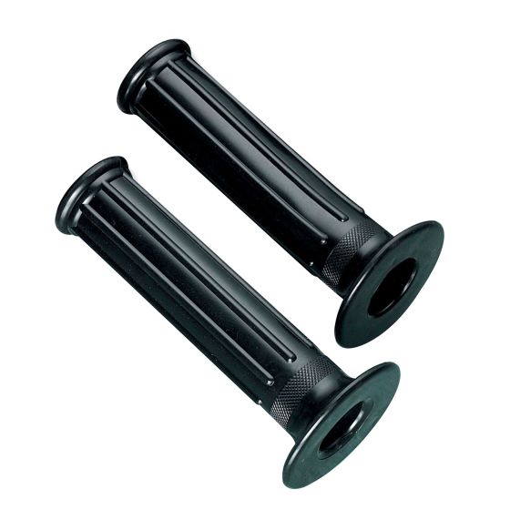Black rubber bike grips with a textured surface and flared ends, measuring 20 mm x 25 mm, designed for enhanced grip and comfort.