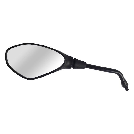 Black universal bike mirror with a sleek, elongated design, featuring a reflective glass surface and a 10mm threaded mounting stem.
