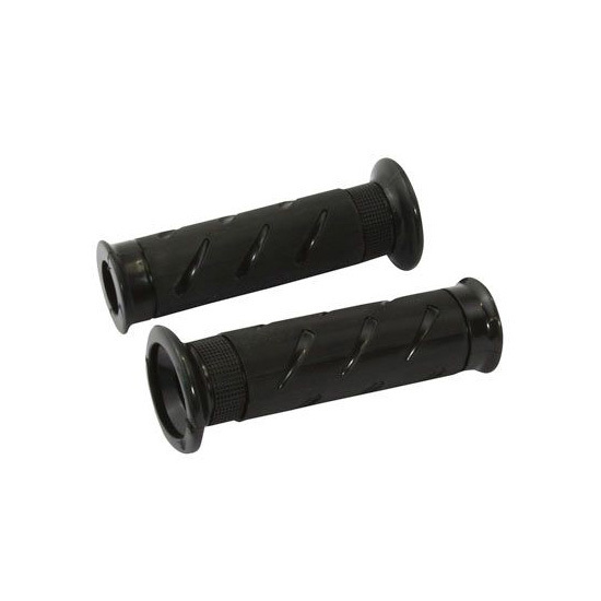 Black rubber bike grips with textured surface and flared ends, measuring 20 mm x 25 mm, designed for enhanced grip and control.