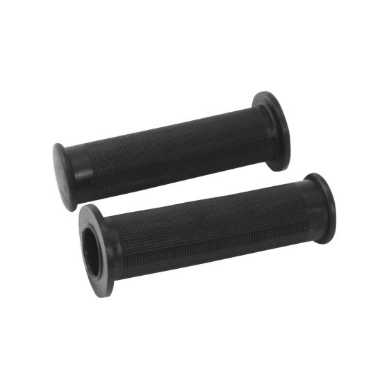 Black rubber bike grips with a textured surface for enhanced grip, featuring flared ends and measuring 20 mm x 25 mm, designed for comfort and control.