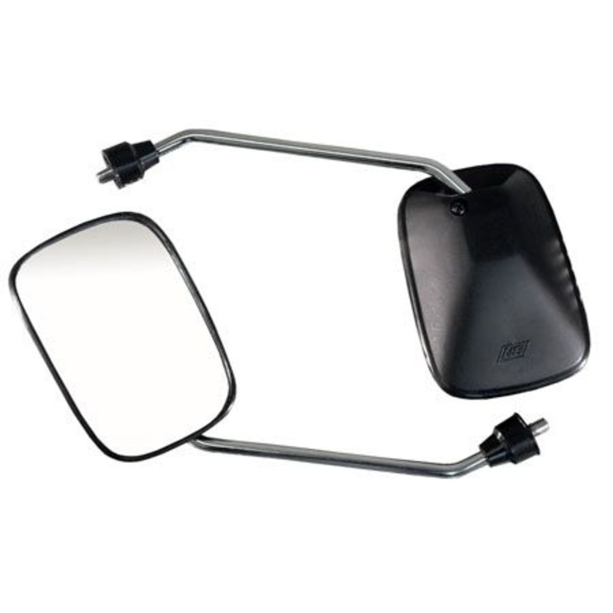 Black square motorcycle mirrors with a sleek design, featuring a reflective surface, sturdy metal arms, and adjustable mounting brackets for universal fit.