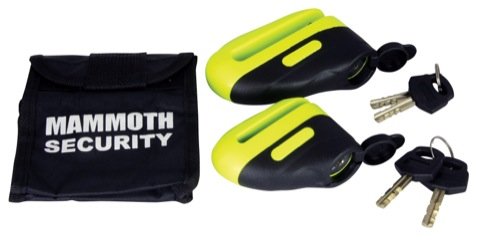 Yellow and black Mammoth Blast Disc Lock with a 10mm pin, accompanied by two keys and a black carrying pouch labeled "MAMMOTH SECURITY."