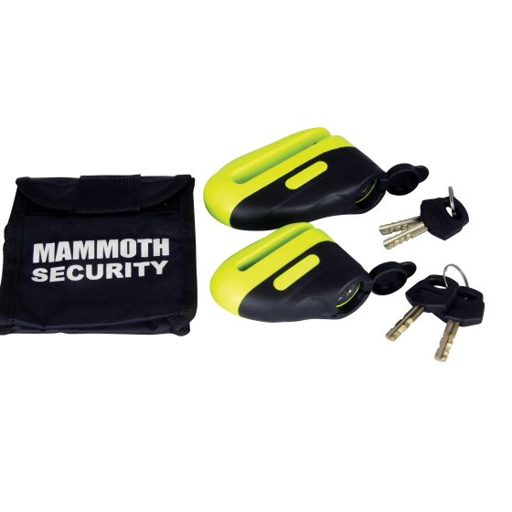 Yellow and black Mammoth Blast disc lock with a 6mm pin, accompanied by two keys and a black pouch featuring "MAMMOTH SECURITY" in white text.