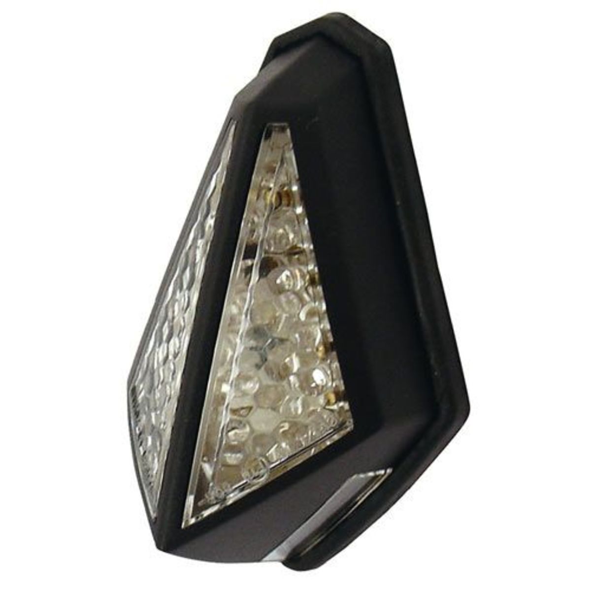 Black LED rear light with a clear lens, featuring a triangular design and textured surface, ideal for enhancing visibility on bicycles.