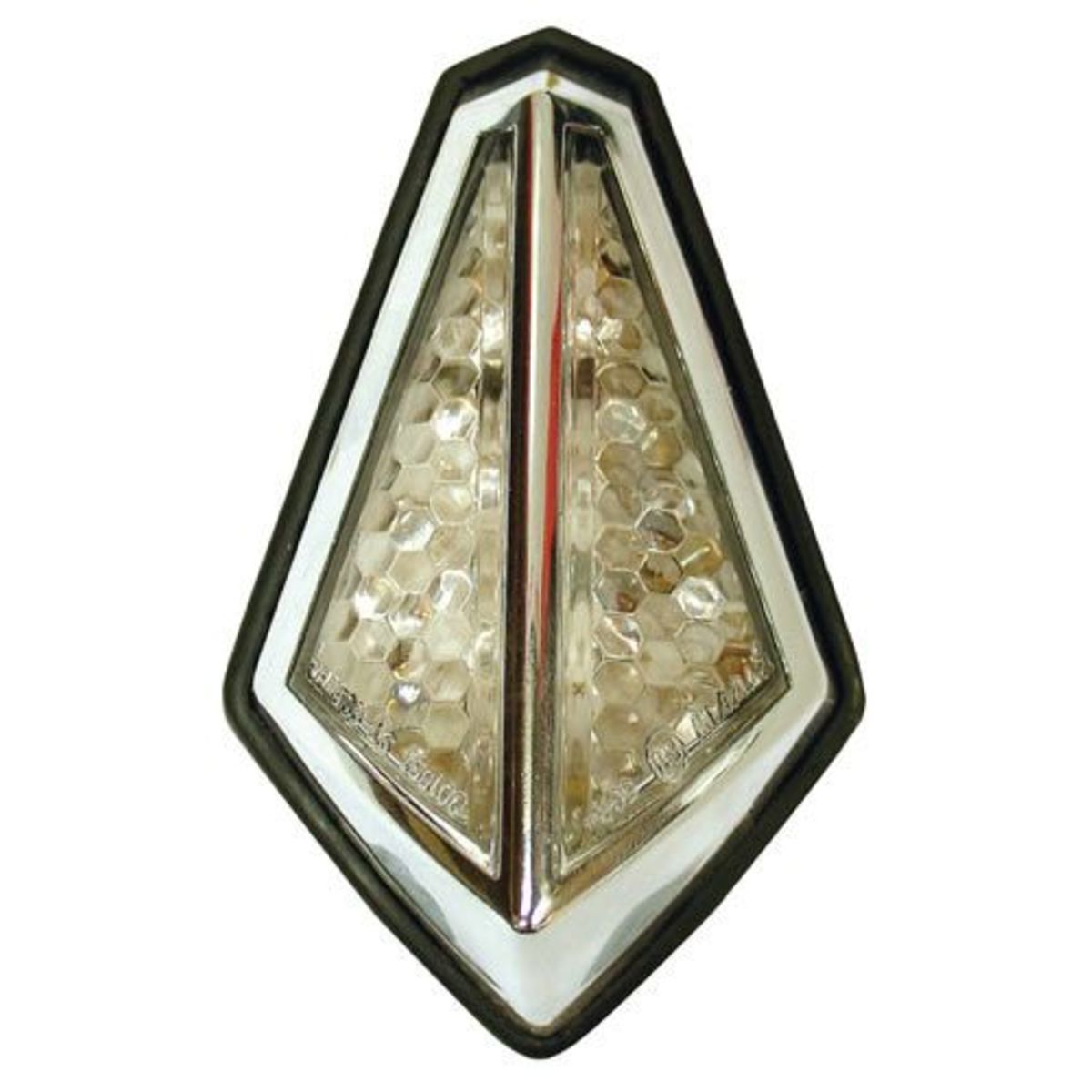 Bike It Blaze Chrome LED rear light features a sleek chrome design with a clear lens, honeycomb pattern, and a distinctive arrow shape for enhanced visibility.