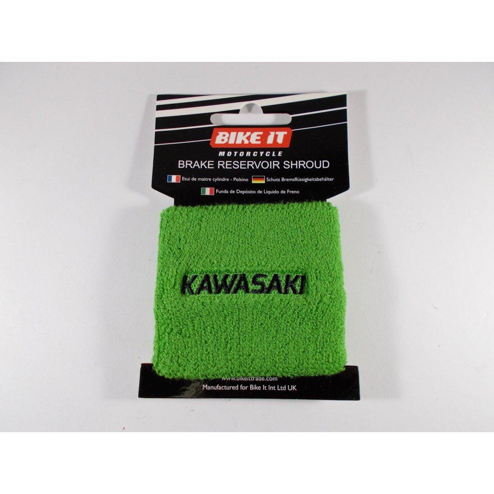 Kawasaki green brake cylinder reservoir protective shroud cover made of soft material, featuring a black "KAWASAKI" logo on the front, packaged with a Bike-It label.