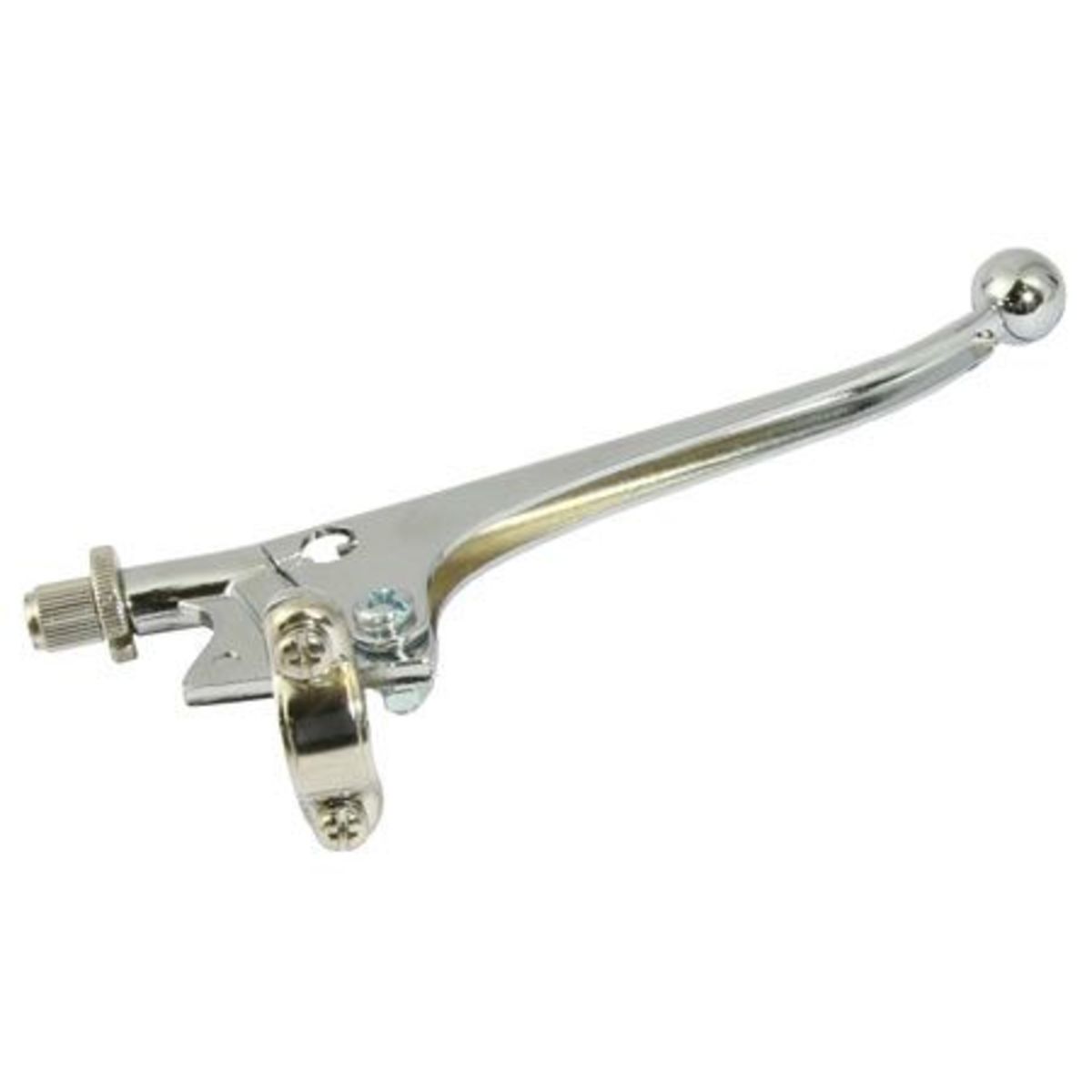 Chrome brake lever with a sleek, elongated design, featuring a cable adjuster and a round ball end, suitable for universal assembly on bicycles.