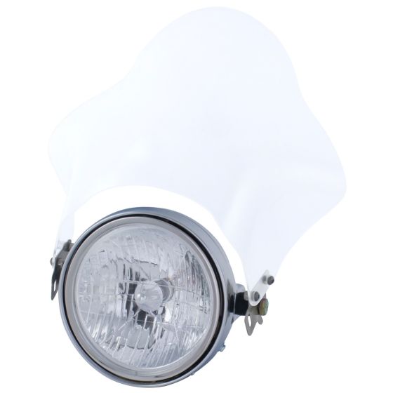 Clear bubble fly screen made of durable plastic, designed for motorcycles, featuring a round headlight with a chrome finish and metal mounting brackets.