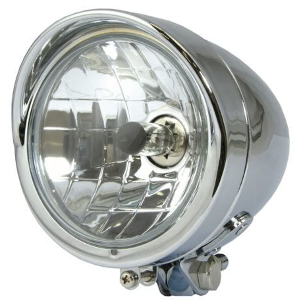 Chrome-plated 4 1/2" H4 headlight with a clear glass lens, featuring a grid pattern and a mounting bracket for easy installation on bikes.