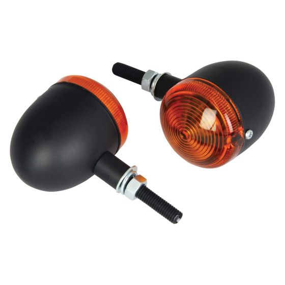Short stem bullet indicators featuring a sleek black body and bright amber lens, designed for bikes, with a rounded shape and metal mounting hardware.