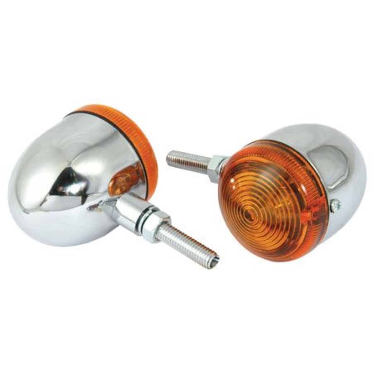 Short stem bullet indicators featuring a shiny chrome body and amber lens, designed for motorcycles, with a sleek, rounded shape and threaded mounting.