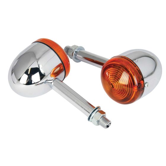 Long stem bullet indicators featuring a chrome body and amber lens, designed for motorcycles, showcasing a sleek and shiny finish with a rounded shape.