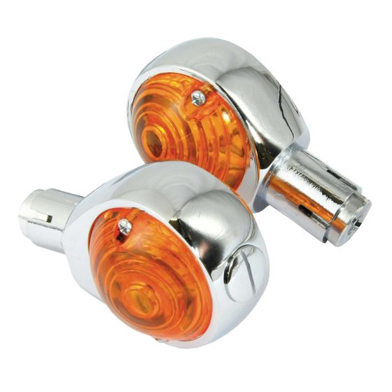 Chrome handlebar bullseye indicator with an amber lens, featuring a sleek, rounded design and a single-piece construction, suitable for 22mm handlebars.