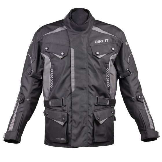 Black all-season motorcycle adventure jacket featuring reflective accents, multiple front pockets, adjustable straps, and a durable material designed for comfort and protection.