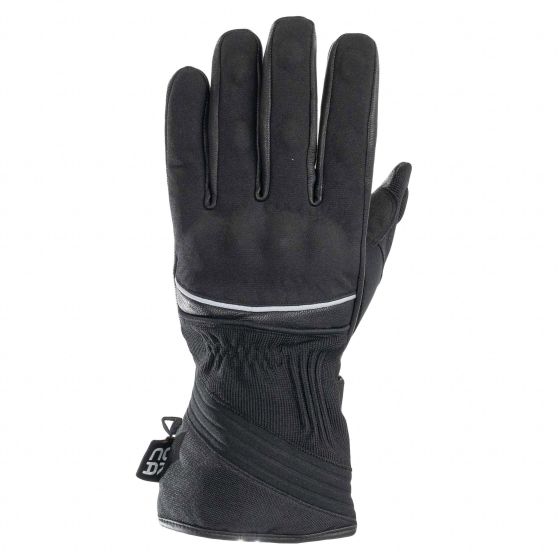 Black all-season gloves featuring a textured grip, reflective detailing, and a snug wrist cuff, designed for all-weather biking conditions.