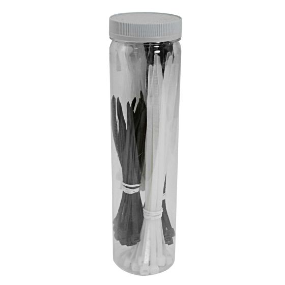 Transparent container holding 100 mixed cable ties in black and white, featuring a secure screw-top lid for easy storage and access.