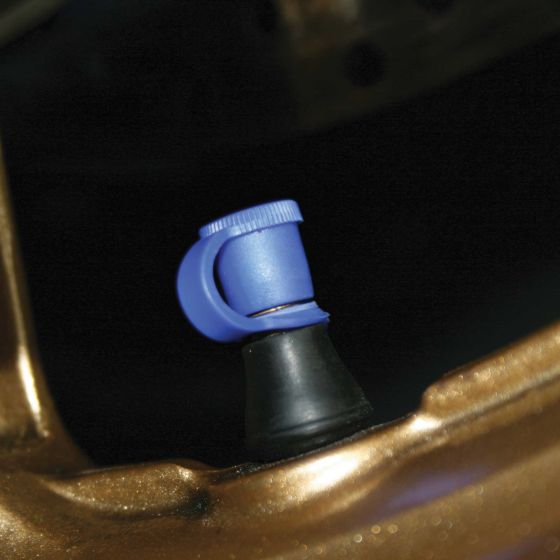 Silver valve cap with a blue twist-off top, designed for bicycles, featuring a sleek, durable material that enhances tire maintenance and style.
