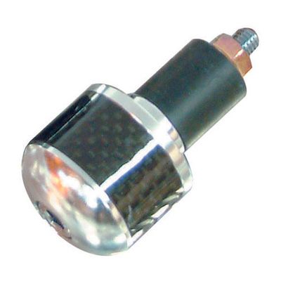 Alloy handlebar bar ends with a shiny chrome finish and a carbon fiber insert, featuring a black rubber grip and a threaded metal bolt for secure attachment.