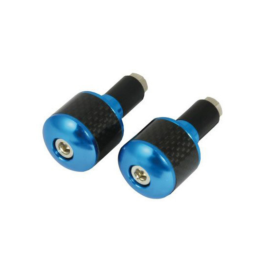 Blue handlebar bar ends with a carbon fiber insert, featuring a sleek design and a shiny finish, designed for 18 mm handlebars by Bike-It.