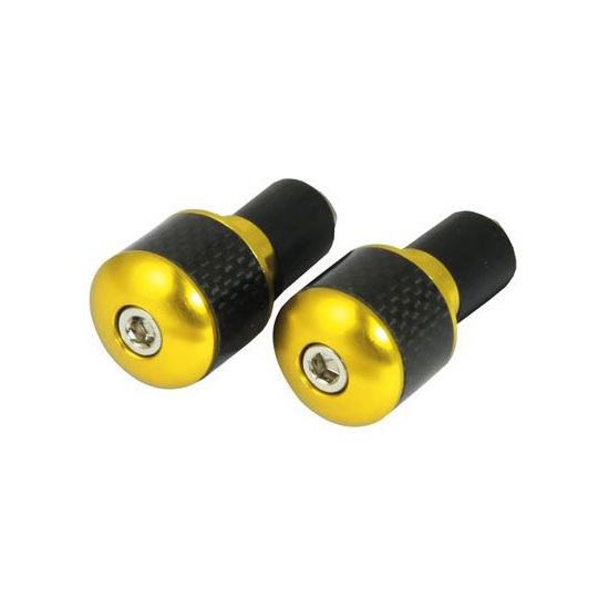 Gold handlebar bar ends with a carbon fiber insert, featuring a sleek design and a secure screw fastening, ideal for enhancing bike aesthetics and grip, measuring 18 mm.