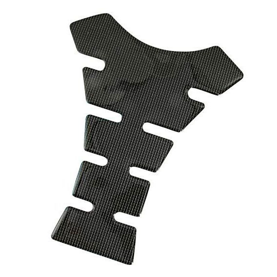 Black carbon-effect spine tank pad with a textured surface and cut-out sections for grip, designed to enhance motorcycle aesthetics and protect the tank.