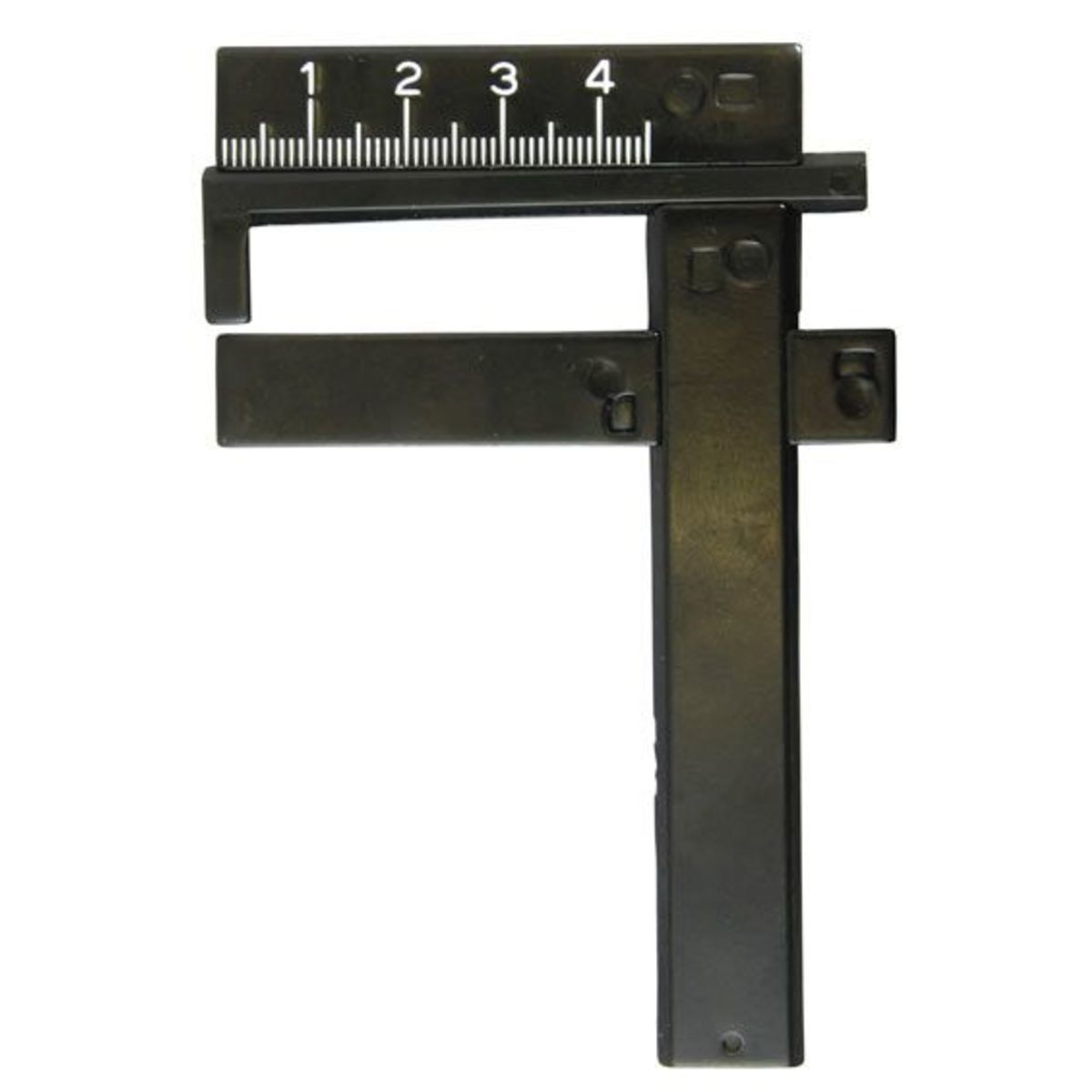 Black plastic carburettor gauge with a ruler marked from 1 to 4, featuring an adjustable measuring arm for precise settings.