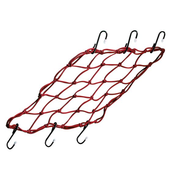 Red extra-large luggage cargo net made of elastic material, featuring a diamond mesh design with six black hooks for secure attachment.