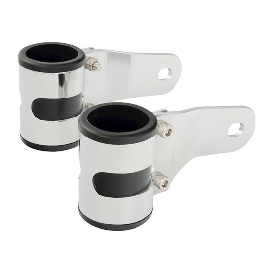 Chrome headlight bracket set for bikes, featuring a sleek design with black rubber inserts and mounting holes for secure attachment, suitable for 44-46 mm headlight sizes.