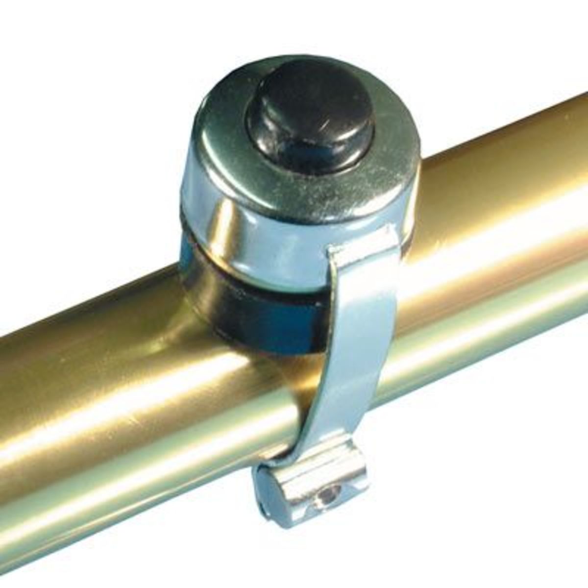 Chrome button horn with a black button, featuring a sturdy individual clamp, designed for easy attachment to bike handlebars.