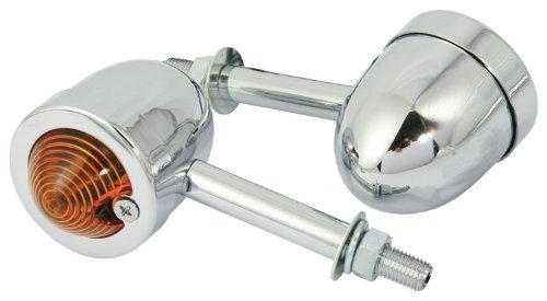 Round chrome body indicators with amber lens, featuring a spiral design, mounted on metal stems for motorcycle use.