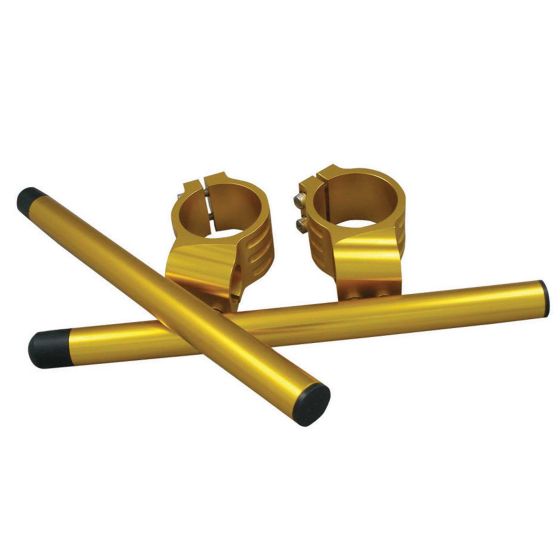 Gold aluminum clip-on handlebar set featuring two 41mm clamps with a sleek finish and rubber end caps for grip.