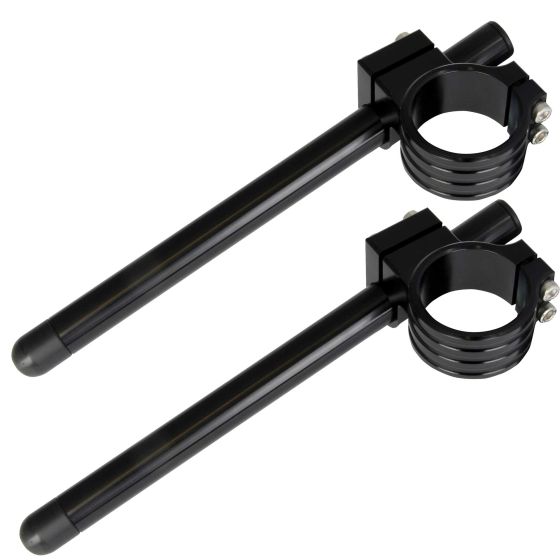 Black clip-on handlebar kit featuring two sturdy metal clamps with adjustable screws and long cylindrical extensions for easy attachment to bike handlebars.