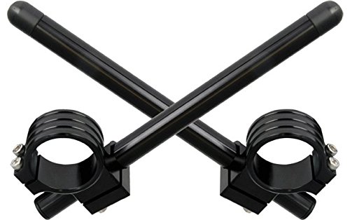 Black clip-on handlebar kit with two aluminum bars and adjustable mounting clamps, designed for easy attachment to bike handlebars.