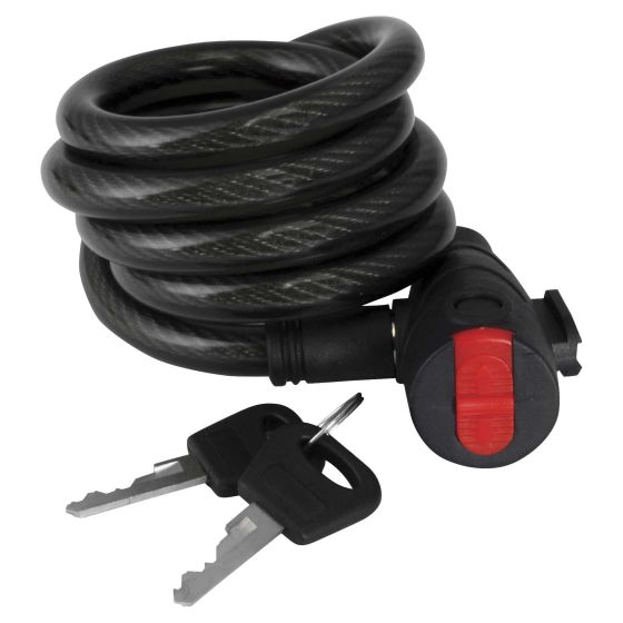 Black coiled cable lock with a 12mm diameter and 1.8m length, featuring a red locking mechanism and two accompanying keys.