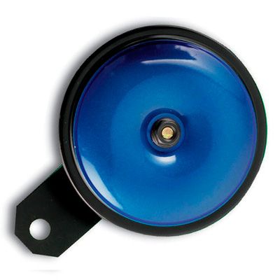 Blue 12V universal horn by Bike-It, featuring a glossy circular design with a black base and a mounting bracket for easy installation.
