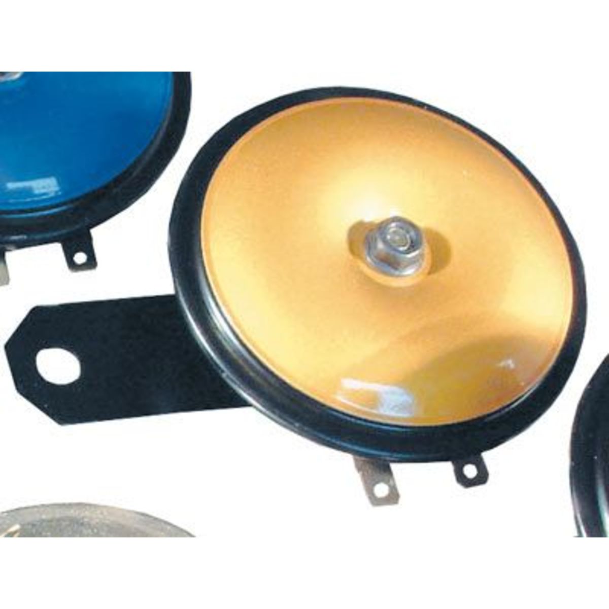 Gold 12V universal bike horn with a shiny, round surface, mounted on a black metal bracket, featuring a central bolt and two electrical connectors.