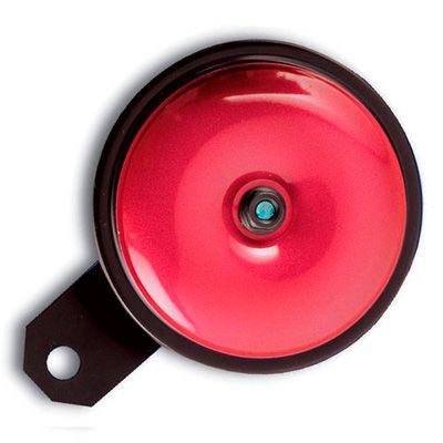 Red 12-volt bike horn with a glossy finish, featuring a central mounting hole and a black rim, designed for easy installation on bicycles.