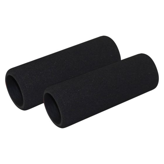 Black foam grip sleeves with a smooth texture, designed for comfort, featuring a cylindrical shape and a snug fit for bike handlebars.