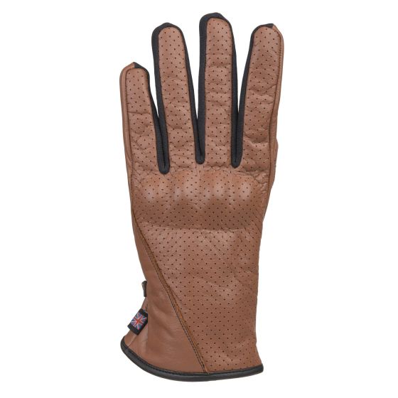Brown leather motorcycle gloves with perforated design, featuring black accents and a snug fit, ideal for cruising and riding comfort.