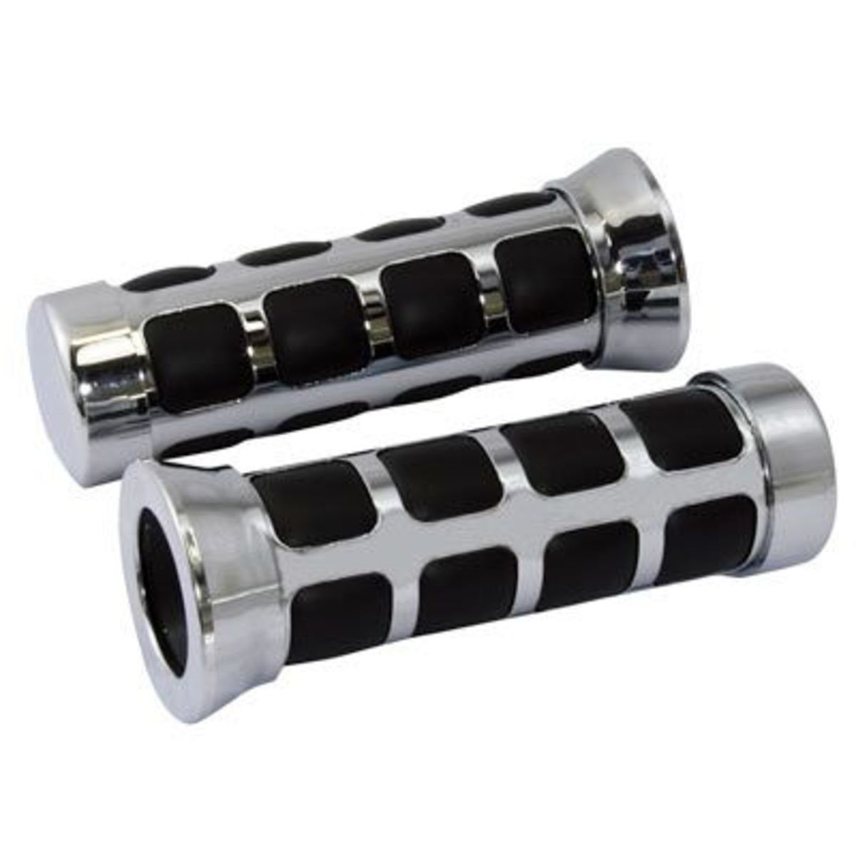 Chrome and black handlebar grips with a cushioned design, featuring a textured surface and a sleek finish, measuring 22 mm left and 25 mm right.