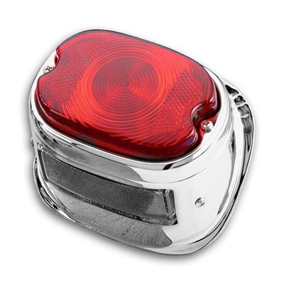 Custom chrome rear light featuring a bright red lens with a textured surface, mounted on a shiny chrome base, designed for universal bike compatibility.