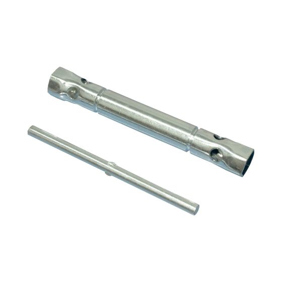 Silver metal deep reach plug wrench with a cylindrical body and two detachable extensions, designed for bicycle maintenance.