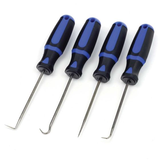 Four-piece pick-up tool set featuring durable metal shafts and ergonomic black and blue rubber grips, designed for precision handling and easy retrieval of small items.