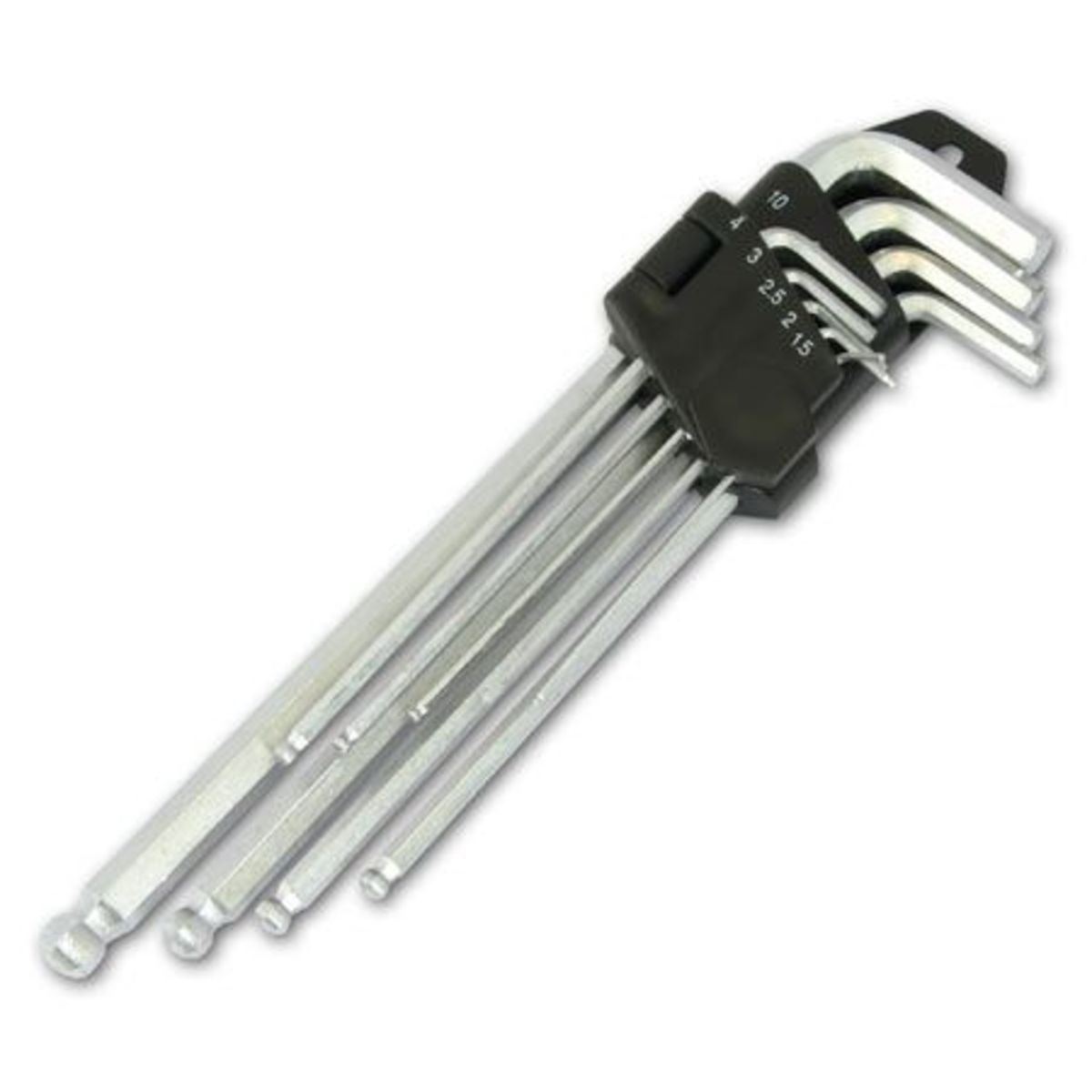 Nine-piece ball end long Allen key set in silver steel with a black holder, featuring various sizes labeled from 2 to 10 mm for versatile use.
