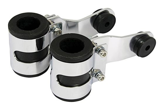 Chrome headlight brackets with a shiny finish, featuring two rubber mounts measuring 31 mm, designed for secure attachment to bike frames.