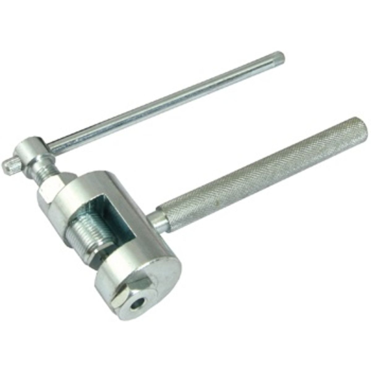 Heavy-duty chrome chain breaker tool with a spare pin, featuring a textured handle for grip, a threaded mechanism for chain removal, and a sturdy metal construction.