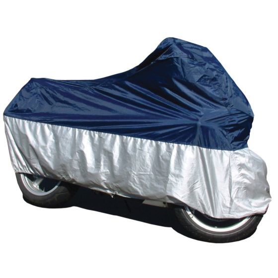 Heavy-duty rain cover in blue and silver, designed for medium motorcycles up to 600cc, featuring a snug fit and durable material for weather protection.