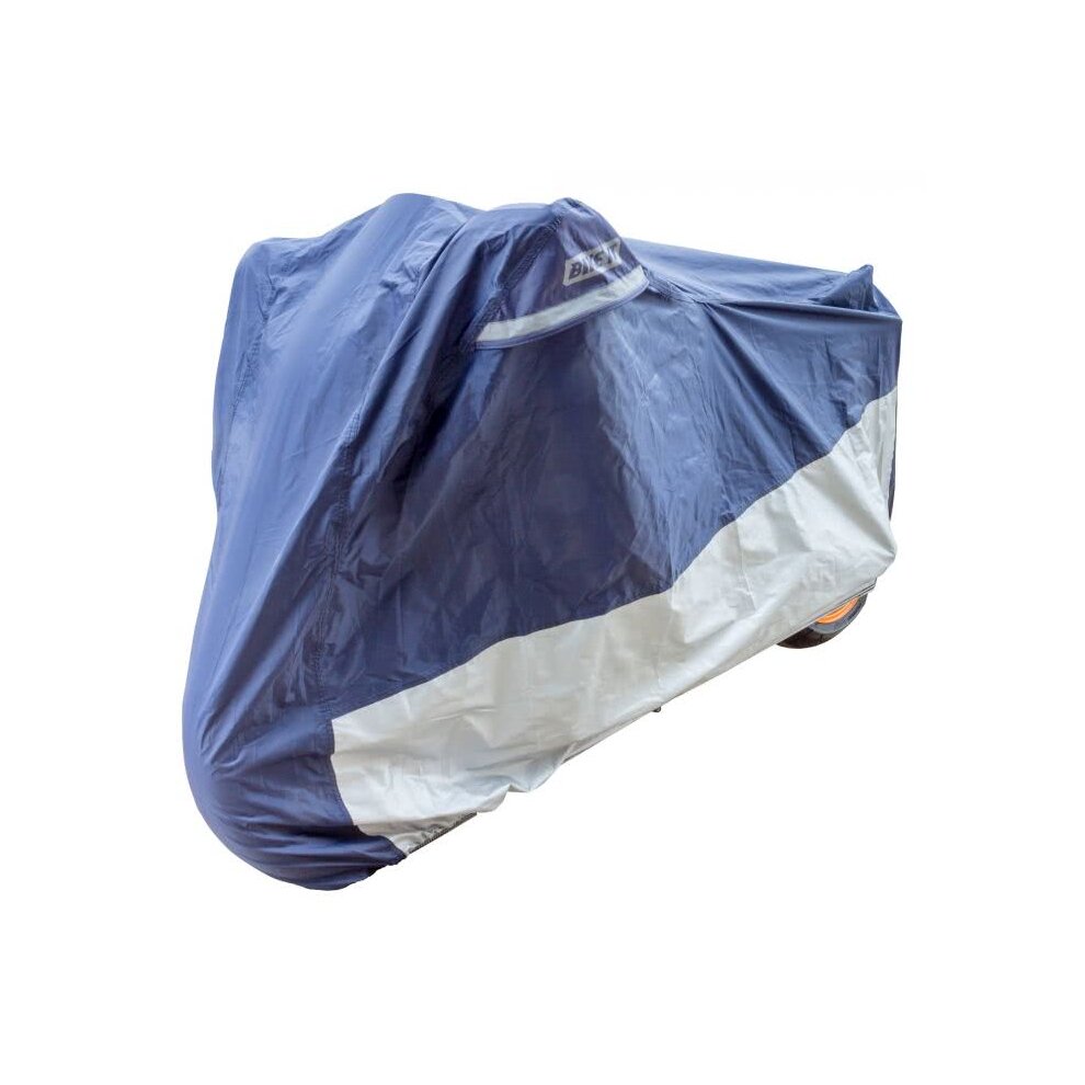Heavy-duty rain cover in blue and silver, designed for XL bikes, featuring a durable, waterproof material with a sleek, fitted shape for optimal protection.