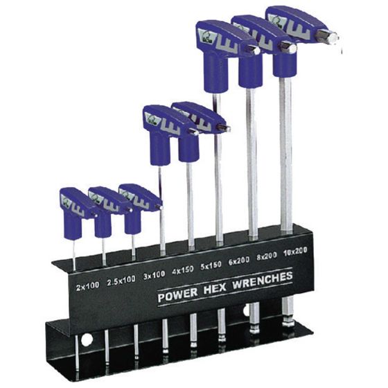 Deluxe hex key set with eight chrome-plated steel wrenches in varying sizes, featuring purple rubber grips and a sturdy black holder for easy organization.